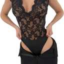 SweatyRocks Women's Sexy Floral Lace Trim Corset Bodysuit Backless Deep V Neck Bustier Tops Sheer Date Night Romper (Black, L)