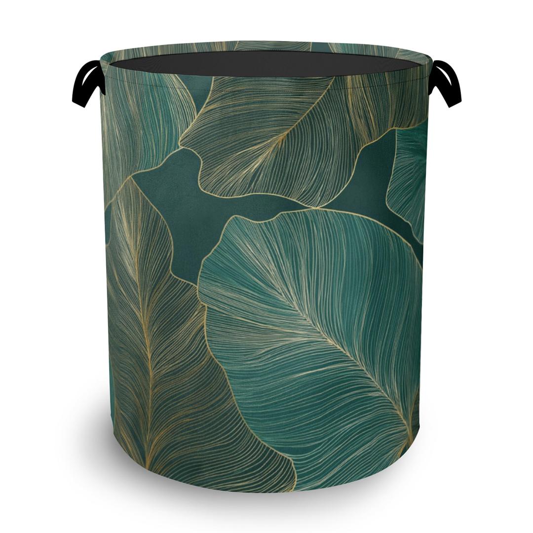 Palm Leaf Golden Laundry Hamper,Tropical Dirty Clothes Laundry Basket with Handles Waterproof Oxford Cloth Storage Basket for College Dorms Bathroom Bedroom 16" x 20.8"