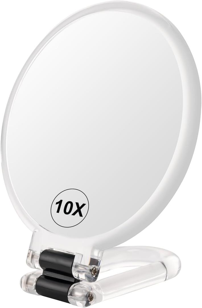 BOOMIBOO 1X/10X Magnifying Handheld Mirror Double Sided, Foldable Travel Makeup Mirror, Adjustable Rotation Pedestal Hand/Hanging/Desk Vanity Mirror-Clear