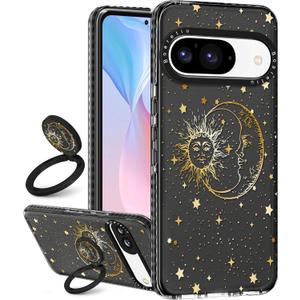 Boaretiu Cute Kawaii Case for Google Pixel 9/9Pro Phone Case with Kickstand - Fashion 360 Sticky Rotate Ring Holder Design for Women Girls Girly for Google Pixel 9/9Pro Case, Sun Moon