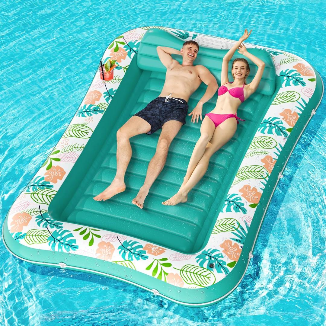 Inflatable Tanning Pool Lounger Float, Stonful 87" x 63" Pool Floats Adult with Pillow & Cup Holder, 4 in 1 Water Filled Inflatable Sun Tan Tub Tanning Bed Mat for Swimming Pool Backyard Beach (XL) (Green)