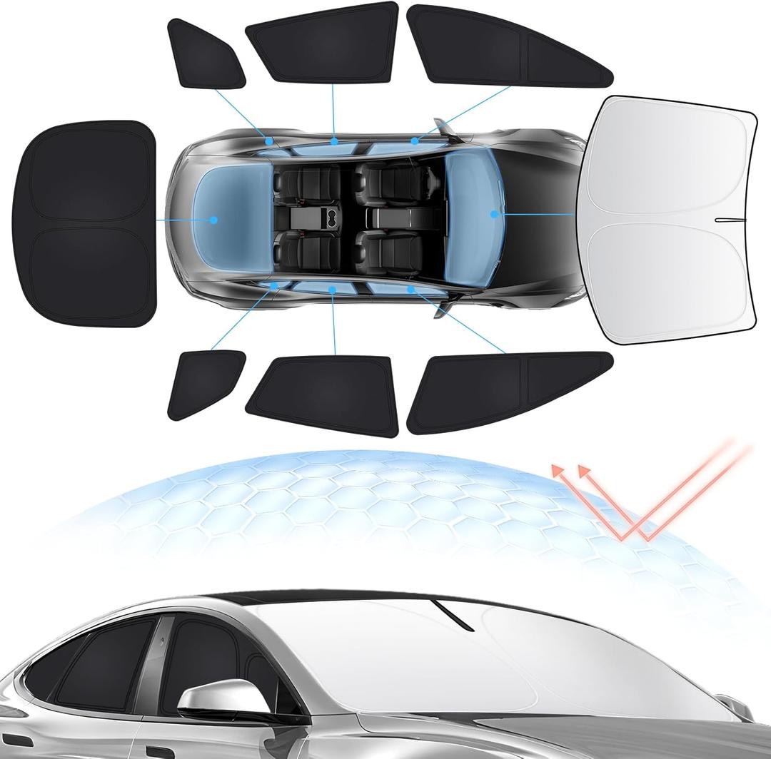 8PCS Windshield Sun Shade Kit for 2021-2026 Tesla Model S Plaid(Not fit Model S) Full Privacy Side Rear Window Shade Cover Foldable Sun Visor Protector Blocks UV&Heat