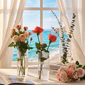 8 Pack Ribbed Glass Cylinder Vases 5.5, 6 Inch Tall Clear Flower Vase Hurricane Floating Candle Holder for Table Centerpiece Wedding Home Decor