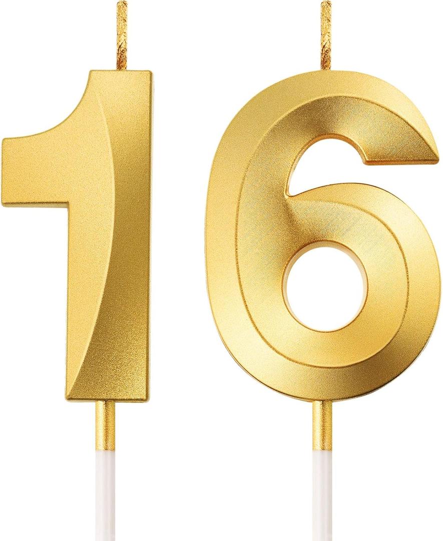 Birthday Candles Numeral Candles Cake Topper Decoration for Birthday Party Wedding Anniversary Celebration Supplies(Gold,16th)