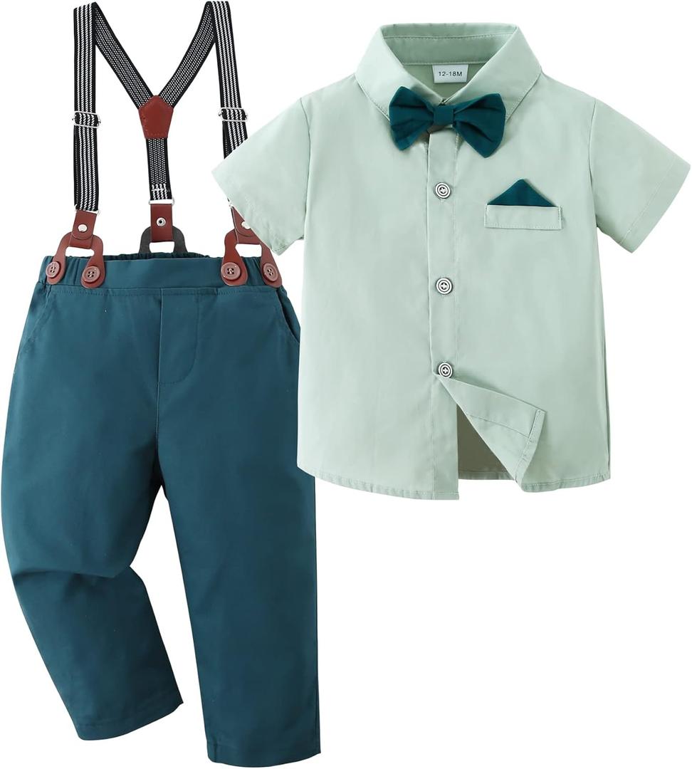 DISAUR Baby Boy Clothes Suits Toddler Dress Shirt With Bowtie Suspender Pants Outfit Sets Gentleman Wedding 1-6 Years (Green 2), 4-5T