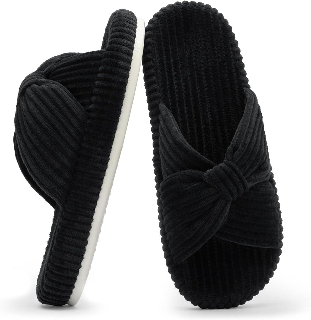 Chantomoo Slippers for Women Memory Foam House Bedroom Corduroy Bow Crossbands Slide Slipper Shoes Comfy Trendy Gift Slippers (7-8, Black)