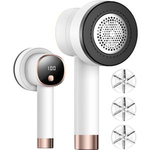 Fabric Shaver Lint Remover: Rechargeable Lint Shavers for Clothes with LED Display 3 Speeds and 6-Leaf Blades, Portable Electric Lint Shaver to Remove Fuzz Ball Pilling from Sweater Furniture (White)