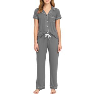 BORN Womens Button Down Pajama Set, Short Sleeve PJ Set with Pants | Soft & Breathable (Small, Charcoal)