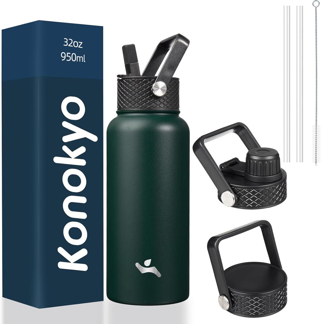 32 oz Insulated Water Bottle Stainless Steel Sport Bottles with 3 Lids,Army Green
