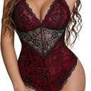 Avidlove Lingerie for Women One Piece Snap Crotch Teddy Bodysuit Contrast Lace Mini Babydoll, red and black XXL