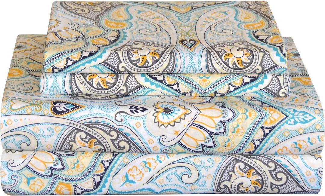 Pointehaven Bedding 4 Pieces Queen 100% Cotton Percale Sheets- Printed Bed Sheet & Pillowcase Sets- Soft Cotton Bed Sheets Set- Fits Mattress 19 inches Deep Pocket (Queen, Cypress)