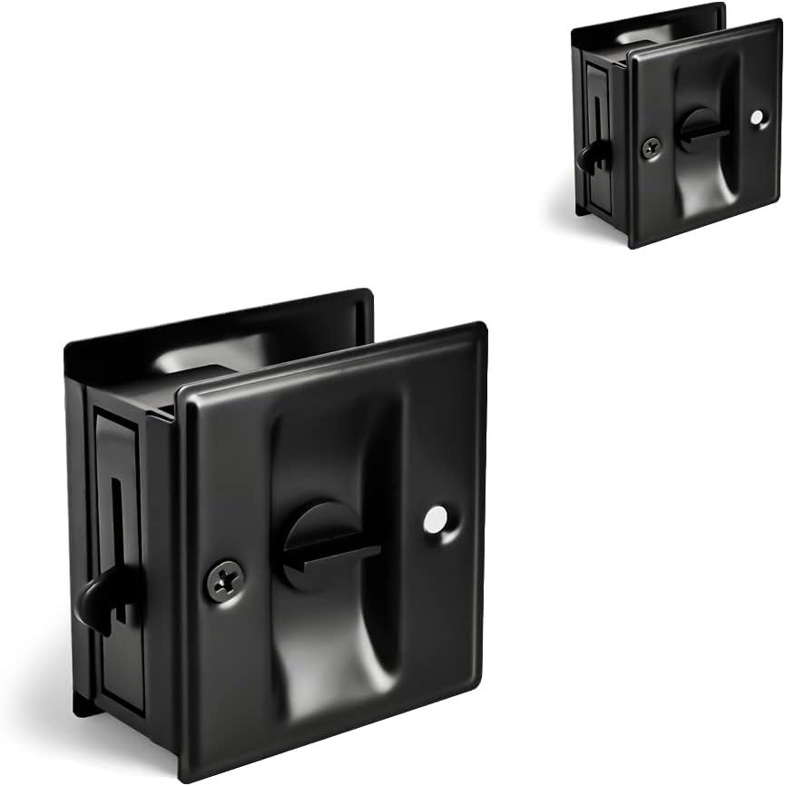 HOMOTEK 2 Pack Privacy Pocket Door Lock Hardware with Pull - Replace Old Or Damaged Sliding Door Locks Quickly and Easily, 2-3/4x2-1/2, for 1-3/8 Thickness Door, Black