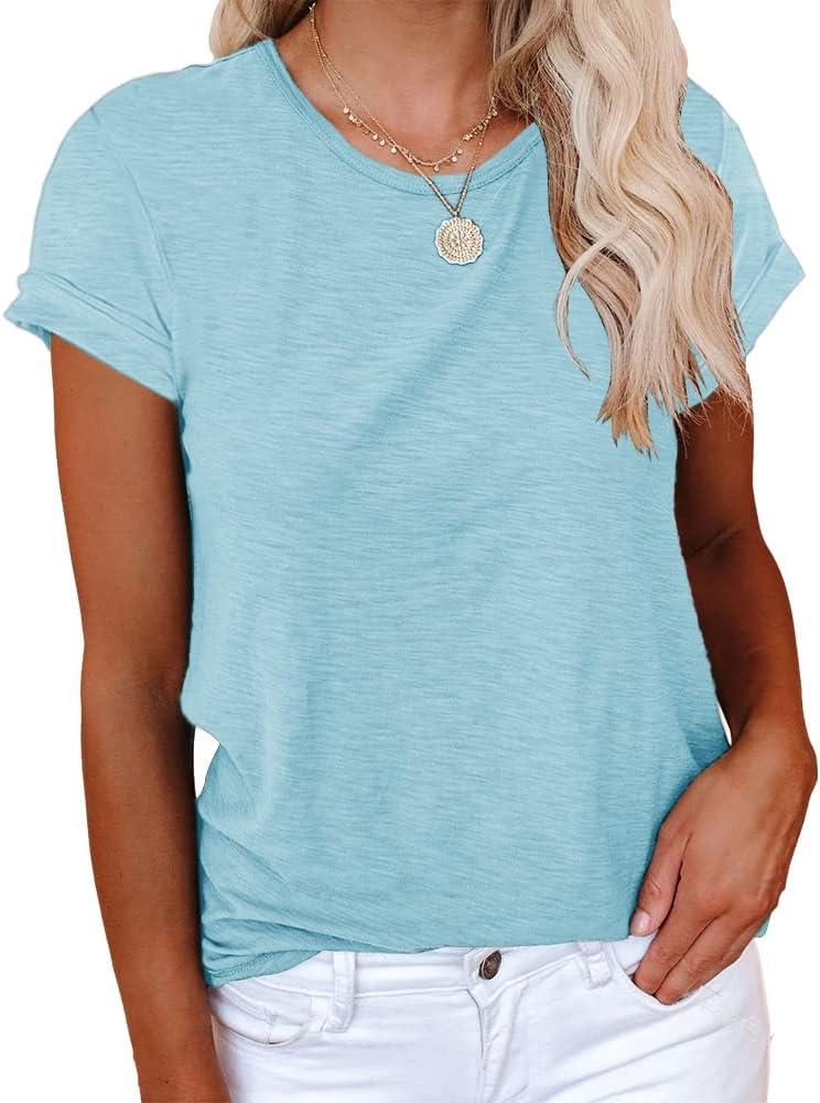 Cicy Bell Women's Short Sleeve Shirts Crewneck Loose Casual Summer Basic Tees Tops (Blue, L)