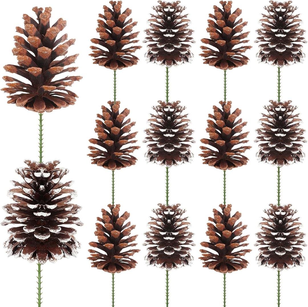 Fangoo 12Pcs 3.1-4.7in Large Natural Pine Cone Picks Snow Christmas Pine Cones with Stems for Crafts Holiday Wreath Garland Party Ornaments Flower Arrangement Fall Thanksgiving Decor (Natural White)