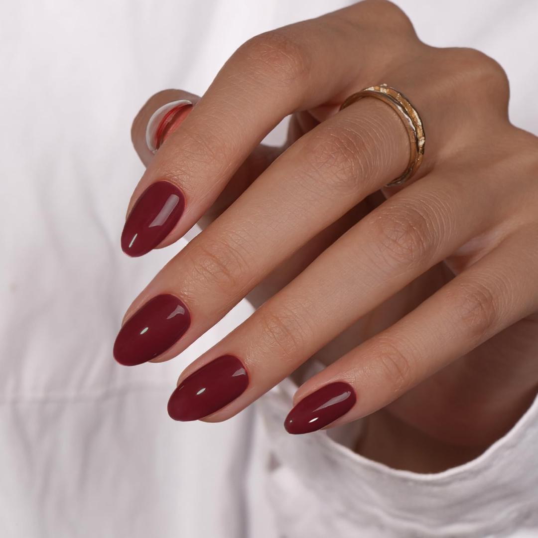KQueenest Dark Red Press On Nails Short Oval - Burgundy Maroon Press On Nails with Glue, Almond Short Fake Nails Press ons, Glossy Opaque, Reusable Soft Gel Glue on Nails for Women Manicure, 24 Pcs