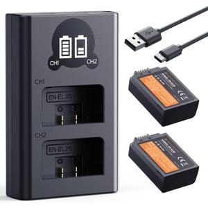 K&F CONCEPT 1600mAh EN-EL25 Battery 2-Pack EN-EL25A Battery and Dual LCD Battery Charger for Nikon Z50II, Z50, Z30, Z FC Camera MH-32 Battery Charger