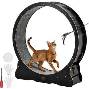 VEVOR Cat Exercise Wheel, 48 in Wooden Cat Running Wheel for Indoor Cats up to 28 lbs, Cats Treadmill with Carpeted Runway & Locking Mechanism, Quiet Kitten Sport Toys for Pets Fitness & Health, Black