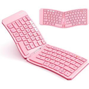 MEETION Ergonomic Foldable Bluetooth Keyboard, Split Compact Portable Keyboard for Business Travel, Ultra-Thin Folding Rechargeable Wireless Keyboards for iOS Android Windows Mac Tablet PC, Pink