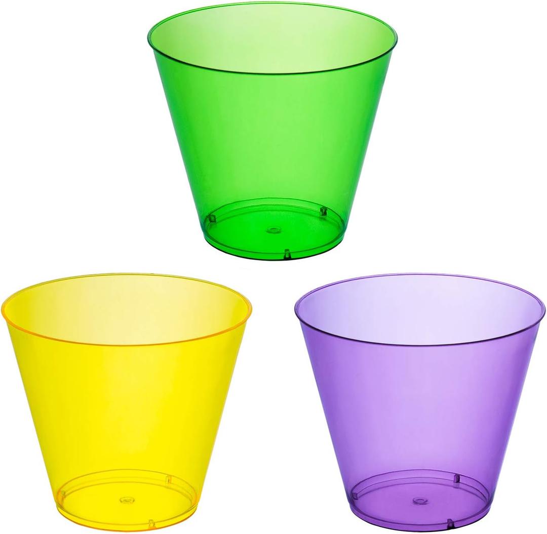 Party Essentials Hard Plastic 50 Count Party Cups/Tumblers, 9-Ounce, Mardi Gras Mix