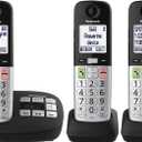 Panasonic Cordless Phone, Easy to Use with Large Display & Big Buttons, Flashing Favorites Key, Flashlight, Call Block, Volume Boost, Talking Caller ID, House Phones, 3 Handsets - KX-TGU433B (Black)