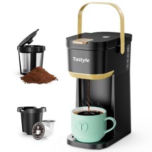 Tastyle Single Serve One Cup Coffee Maker, for K Cups and Grounds, Mini Coffee Maker with Portable Handle, 6 to 12 Oz Brew Size, for Travel, Camping, Office, RV and Dorm, 120V, Black and Gold