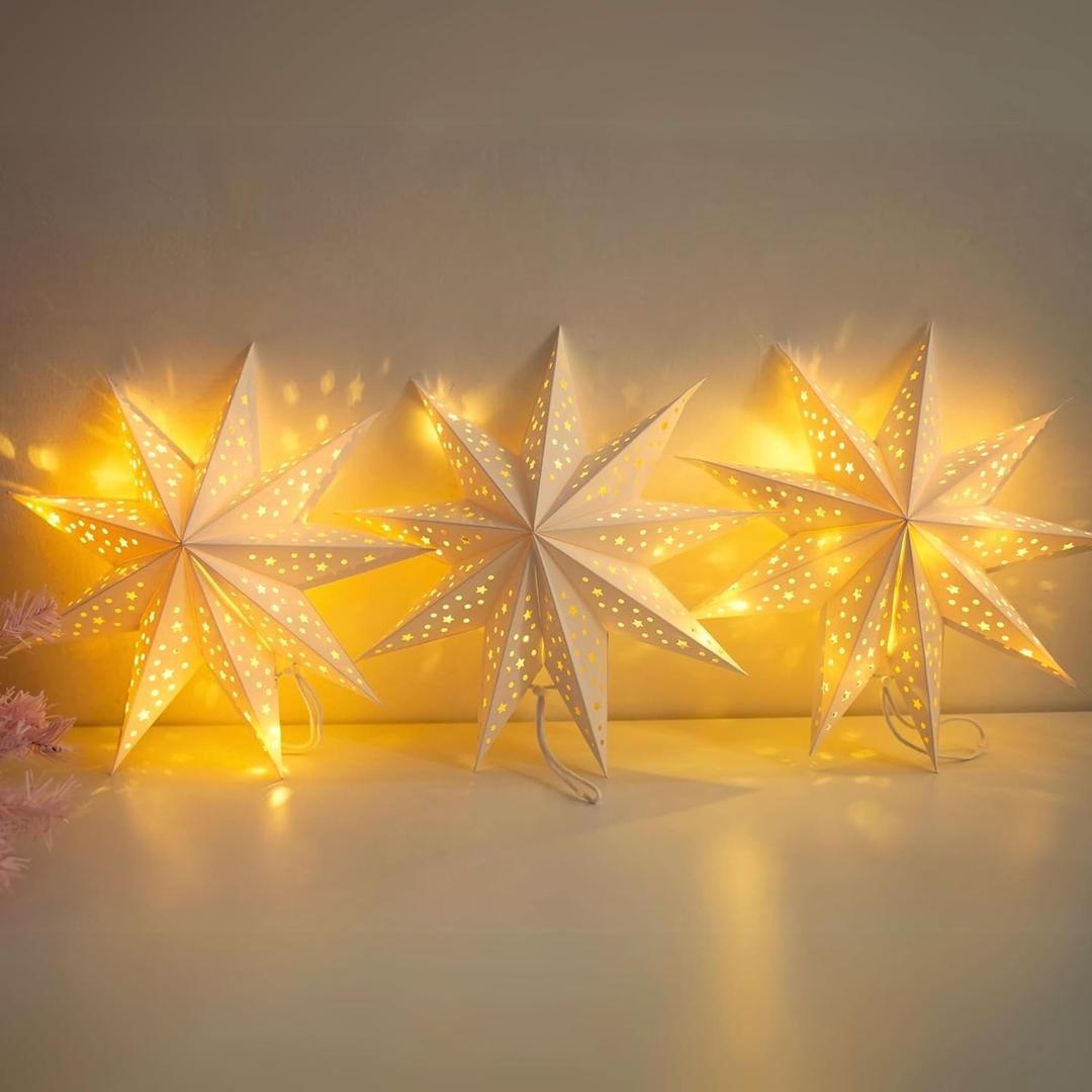 JINKEYULV Paper Star Lantern 3PCS Christmas Paper Stars Lantern 13.78 inch 9 Points Paper Star Lantern Hanging 3D Christmas Paper Star Hanging Star Foldable for Wedding Xmas White decoración navideña
