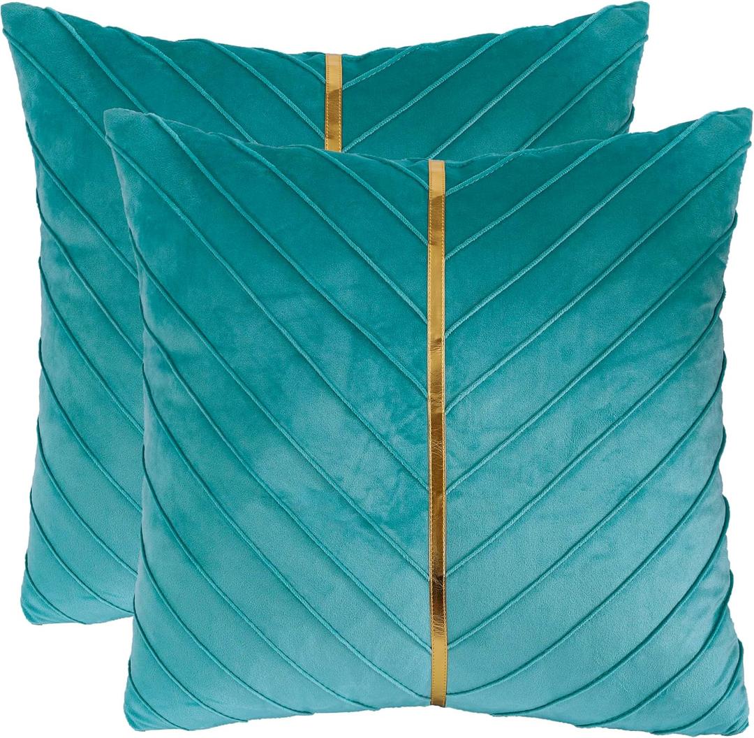 Tosleo Aqua Green Pillow Covers 18x18 Pack of 2 Soft Velvet Throw Pillow Covers with Gold Leather Decorative Couch Pillow Case Luxury Modern Pillowcases Spring Home Decor for Sofa Bed Living Room