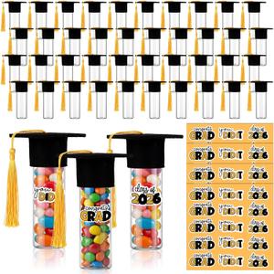 LemonRoad 60 Set 2026 Graduation Candy Tubes Graduation Party Favors Candy Container with Lid Glass Bottles Gold Mini Graduate Caps Decorative Stickers for DIY Class Celebration Table Gift Supplies