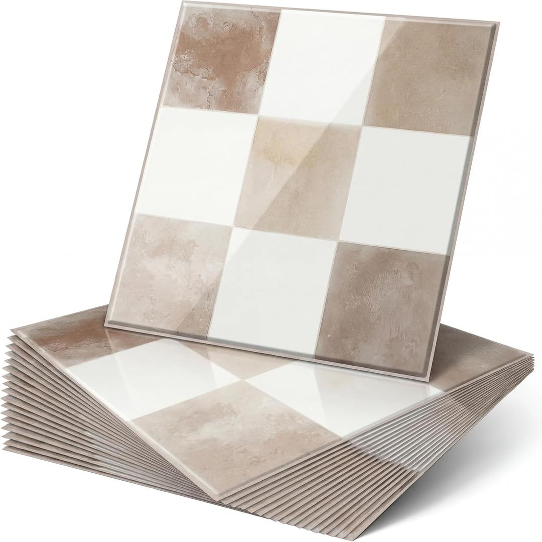 Nuanchu 20 Pcs Beige Luxor Peel and Stick Backsplash 7.75" x 7.75" 3D Adhesive Peel and Stick Wall Tiles Waterproof Checkered Backsplash for Kitchen Bathroom Fireplace