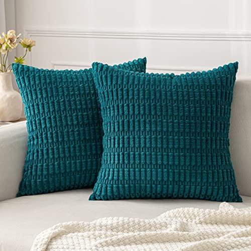 MIULEE Pack of 2 Corduroy Decorative Throw Pillow Covers 18x18 Inch Soft Boho Striped Pillow Covers Modern Farmhouse Home Decor for Summer Coastal Sofa Living Room Couch Bed Teal