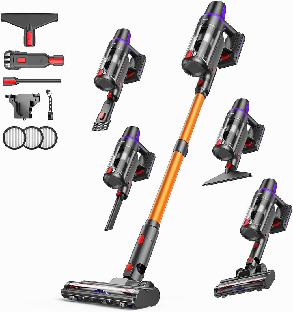 TechRise Cordless Vacuum Cleaner, 500W/45Kpa Stick Vacuum for Home, Anti-Tangle Brush & 8-in-1 Self-Standing, Up to 60Mins Runtime Lightweight with LED Display for Hardwood Floor,Carpet,Pet Hair