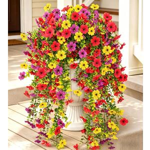 Artificial Hanging Flowers 4 Bundles UV Resistant Fake Flowers for Outdoor Decor Realistic Silk Flower Faux Plants for Patio Porch Garden Yard (Mixed Color)