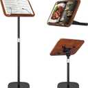 2 in 1 Dual-use Music Stand & Desktop Book Stand, Adjustable Height 16.5"-51", 100% Solid Wood Laptop Floor Stand Book Holder with Elastic Page Clips for Cookbooks (Black Walnut)