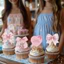 2 x 36Pcs Pink Bow Cupcake Toppers, Sweet Bow Cupcake Decorations, Single Bride Engagement Wedding Girls Baby Shower Party Supplies