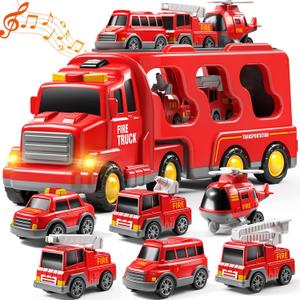 7-in-1 Fire Trucks for 3 4 5 6 Years Old Boys - Transport Car for Toddlers 4-6, Sound and Light Kids Toys for Ages 2-4, Gift for Ages 5-7, 4-8 Year Old Girl Birthday Gifts