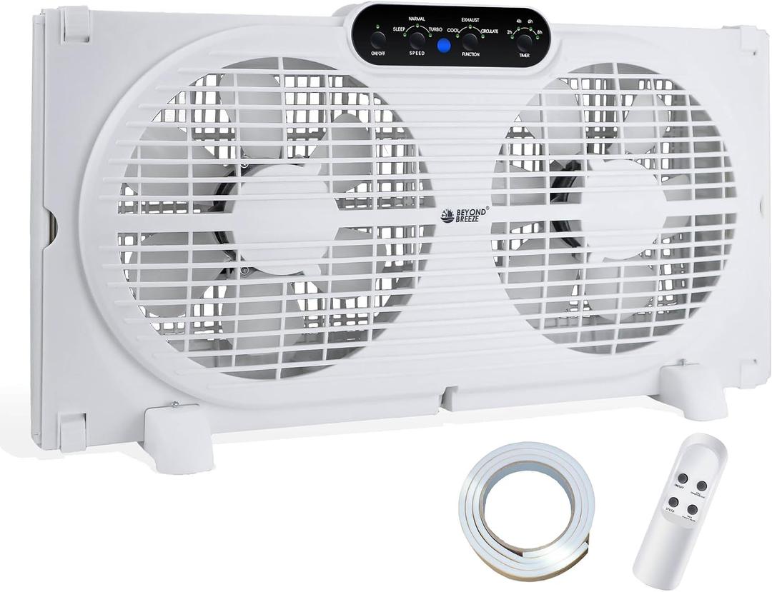 BEYOND BREEZE Twin Window Fan with Reversible Airflow, 9-Inch Window Fan with Timer, Remote Control and 3 Speeds, Expandable Window Exchaust Fans for Home Bedroom
