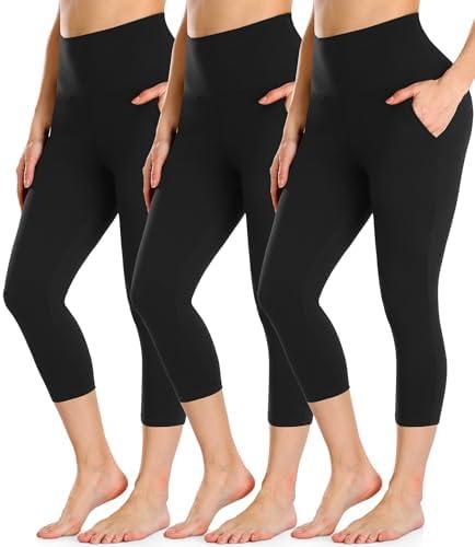 FULLSOFT 3 Pack Black Capri Leggings with Pockets for Women High Waisted Tummy Control Capris Workout Clothes for Women Gym Running Yoga Pants Summer Shorts Tights(Black(with Pockets), Large-X-Large)