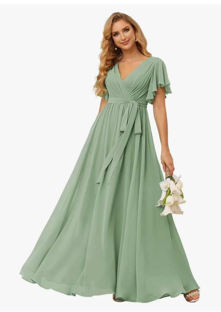 Raseal Sage Green Chiffon Flutter Sleeve Bridesmaid Dress for Women 2025 Plus Size V Neck Long A Line Bridesmaid Dress with Pockets Sage Green 18W