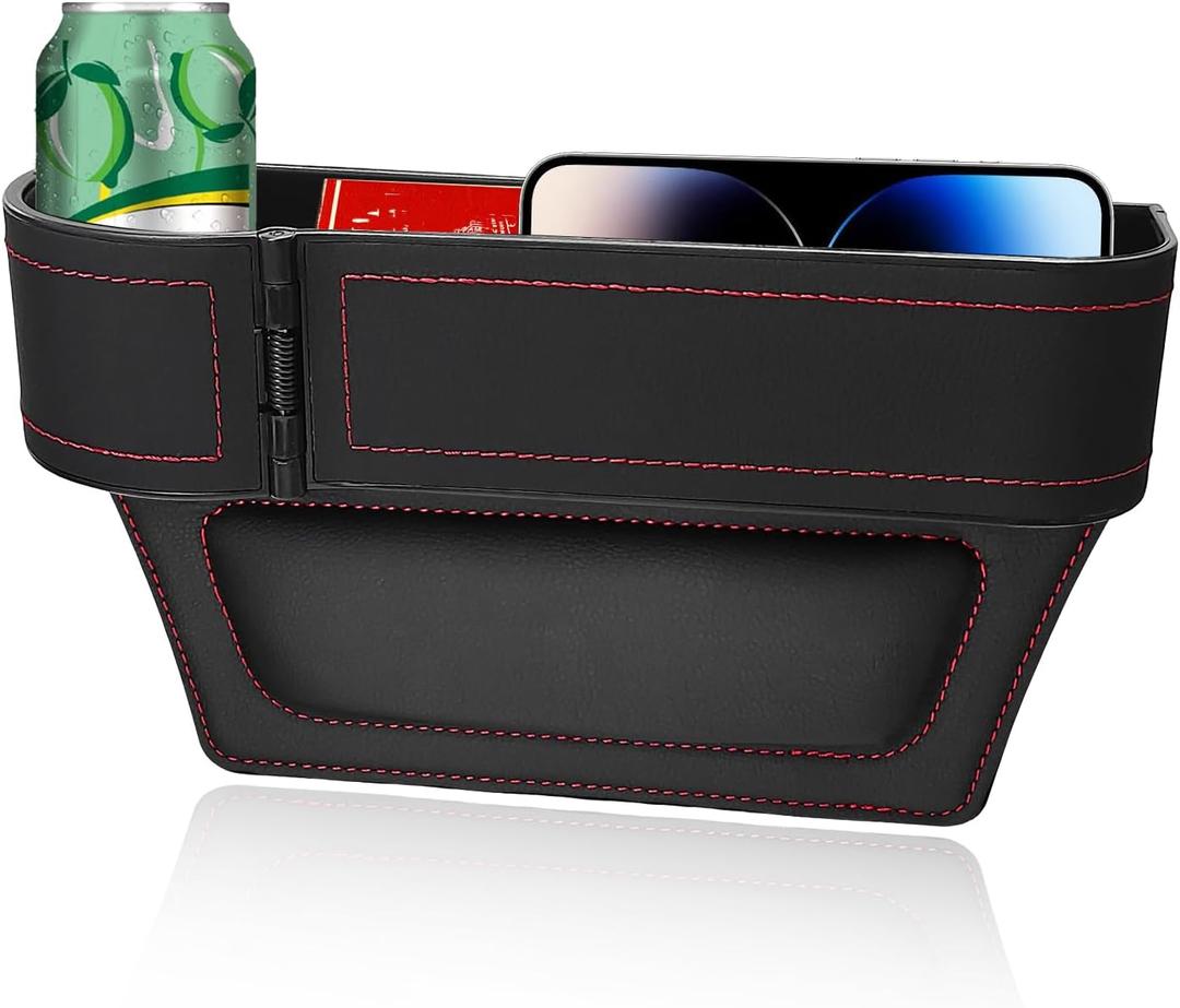 Car Seat Gap Filler Organizer, Auto Leather Seat Organizer with Adjustable Cup Holder, Multifunctional Side Insert Center Console Storage Box for Phone Drink Sunglasses (Black & Red)