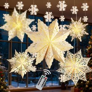 5Pcs Christmas Paper Snowflake Lanterns, Large Christmas Paper Star Lanterns with Lights & Banner White Hanging Snowflake Lamps for Xmas Winter Frozen Weddings Birthday Holiday Party Decorations