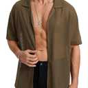 HISDERN Mens Sheer Shirts Brown Short Sleeve Casual See Through Lace Shirt Collared Fishnet Beach Mesh Shirt Men's Summer Button Down Sexy Top (L)