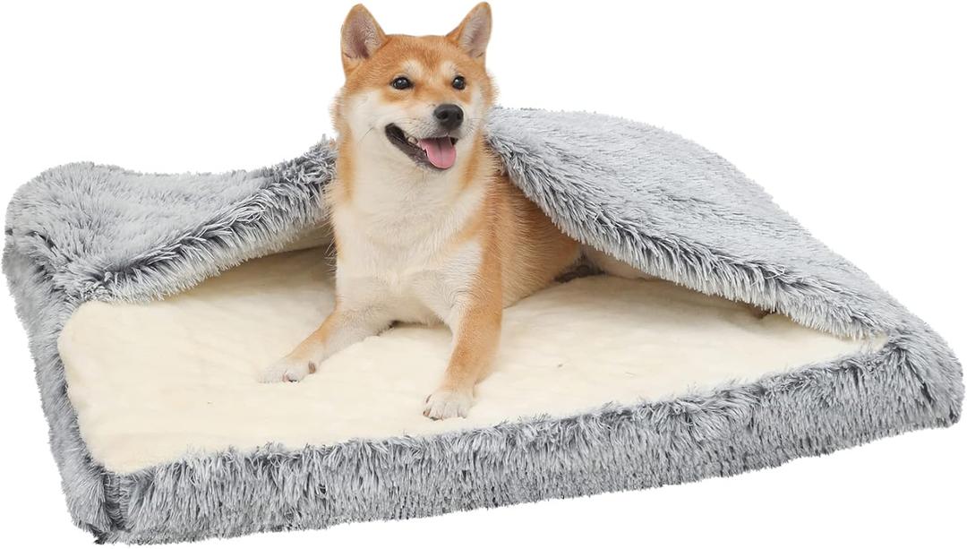 Dog Bed with Cover Cave, Orthopedic Dog Bed with Blanket, 33.5 * 27.6'' Rectangle Pet Crate Cozy Cuddler Mat, Anti-Anxiety Memory Foam Calming Pad for Puppy Cat with Removable Washable Cover (Grey)