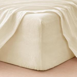 MooMee Fitted Bottom Sheet Only 100% Washed Cotton Linen Like Textured Breathable Durable Soft Comfy Deep Pocket Fits Mattress up to 17" (Cream White, King