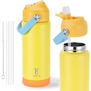 18oz Kids Insulated Water Bottle with Straw Lid & Silicone Handle,Kids Leak Proof Water Bottle for School Boys Girls,Double Wall Vacuum Stainless Steel with Non-slip Silicone Base(Yellow)