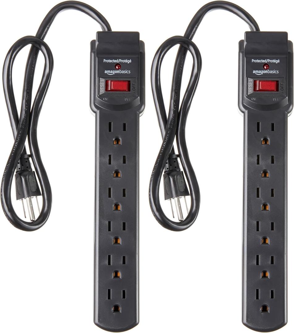 Amazon Basics Surge Protector Power Strip, 6-Outlet with 200J Protection, 2ft Extension Cord, Rectangle, Black (2 Pack)