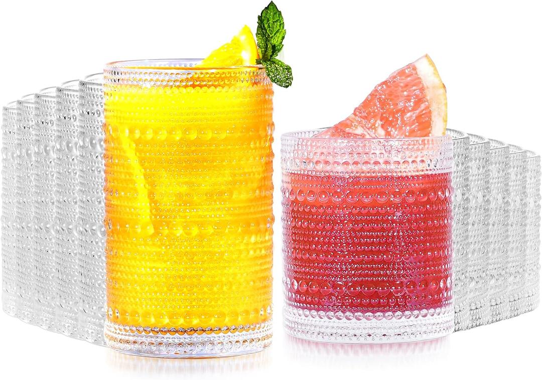 Vintage Hobnail Drinking Glasses Set of 12-14 oz Old Fashioned Water Glass Cups & 11 oz Cocktail Glasses, Aesthetic Kitchen Bar Tumbler Glassware Gifts Sets for Smoothie, Juice, Coffee, Wine