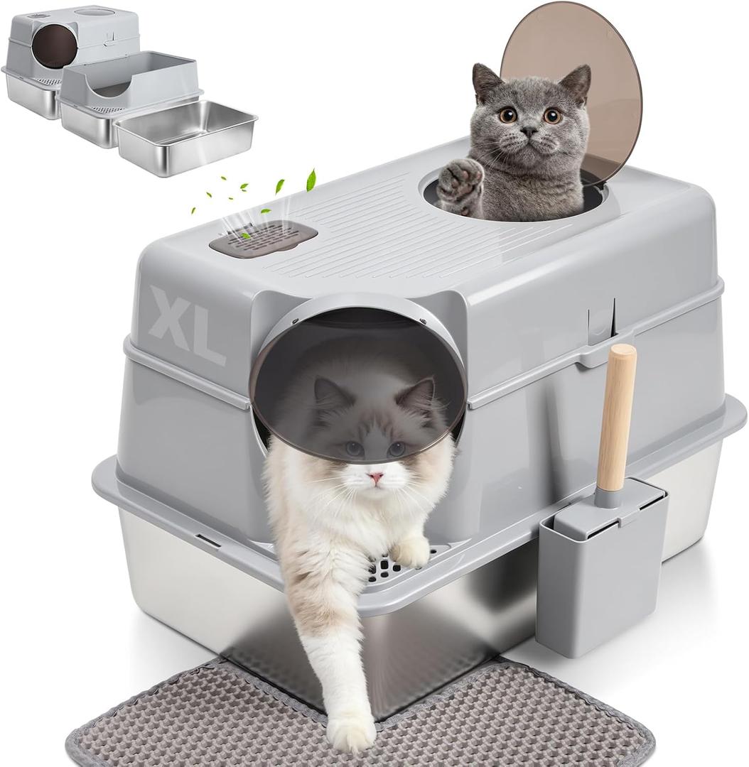 Stainless Steel Litter Box with Lid, XL Enclosed Metal Cat Litter Box