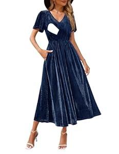 CzzzyL 2024 Nursing Velvet Maxi Dress for Women Pregnant Smocked Short Sleeve V Neck Flowy Wedding Guest Dresses with Pockets(Navy, X-Large)