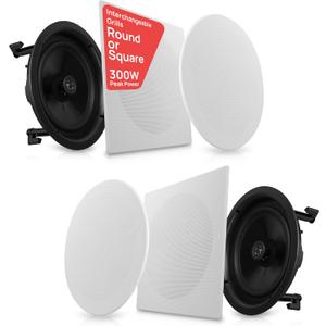 Pyle 10” In-Ceiling In-Wall Speakers (Pair) 2-Way Flush Mount Home Audio System, 300W Stereo Sound, Quick Connect, Changeable Round/Square Grills, Polypropylene Cone, Polymer Tweeter (PDIC16106)