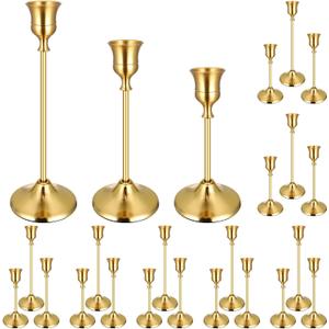 24PCS Brass Gold Taper Candle Holders Set, Vintage Metal Candlestick Holders for Table Centerpiece, Wedding Reception, Festive Christmas Mantel Decoration Gold